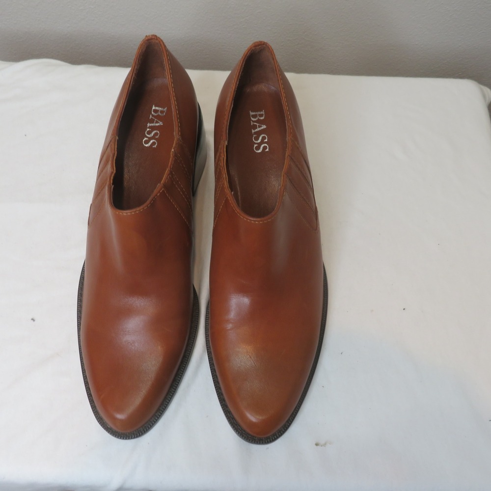 Bass Womens Cognac Brown Leather Block Heel Shooties Pointed Toe Slip On 8.5M
